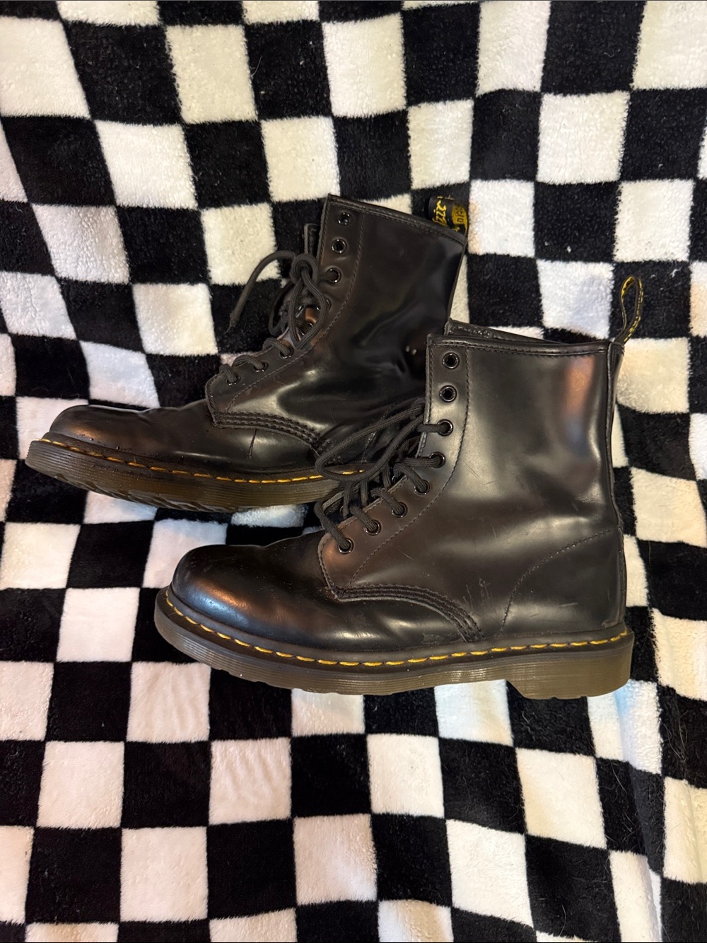 Dr. Martens Black Leather 8-Eye Lace-Up Boots with Yellow Stitching